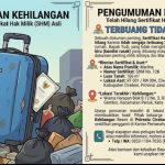 Telah hilang Sertifikat Hak Milik (SHM) Asli yang secara tidak sengaja terbuang di dalam satu buah koper berwarna biru (kondisi rusak)